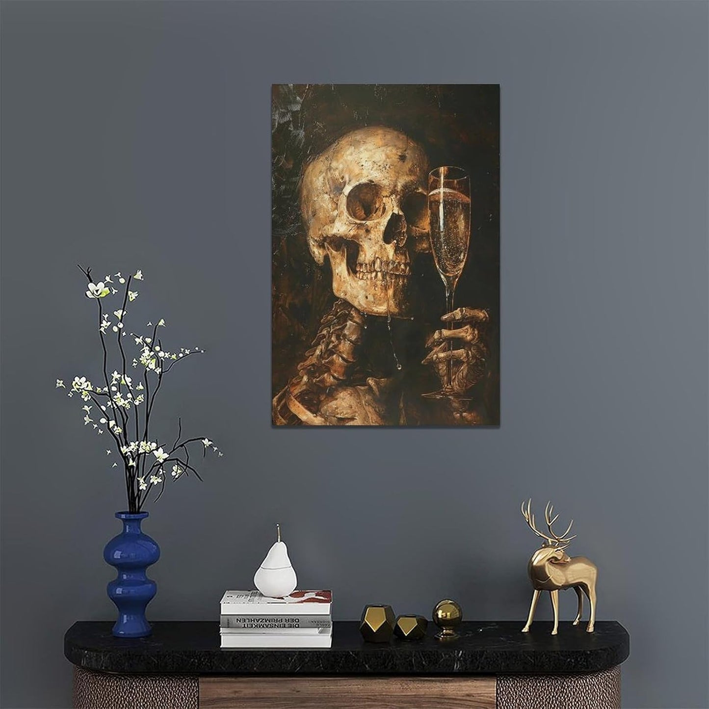 Quorin Gothic Skeleton Wall Art Goth Skull Champagne Wall Decor Dark Academia Pictures Horror Canvas Print Painting Artwork for Bathroom Living Room Bedroom 16"x24"