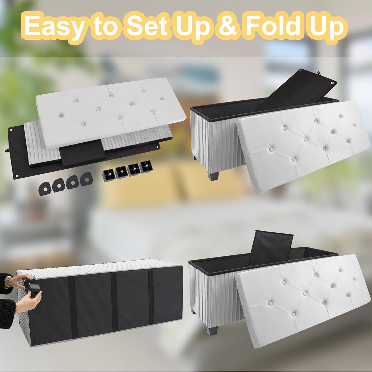 Storage Ottoman Bench, 43 Inch Foldable Ottoman with Legs, Velvet Foot Rest Stool, End of Bed Bench, Storage Chest for Living Room, Bedroom (Grey)