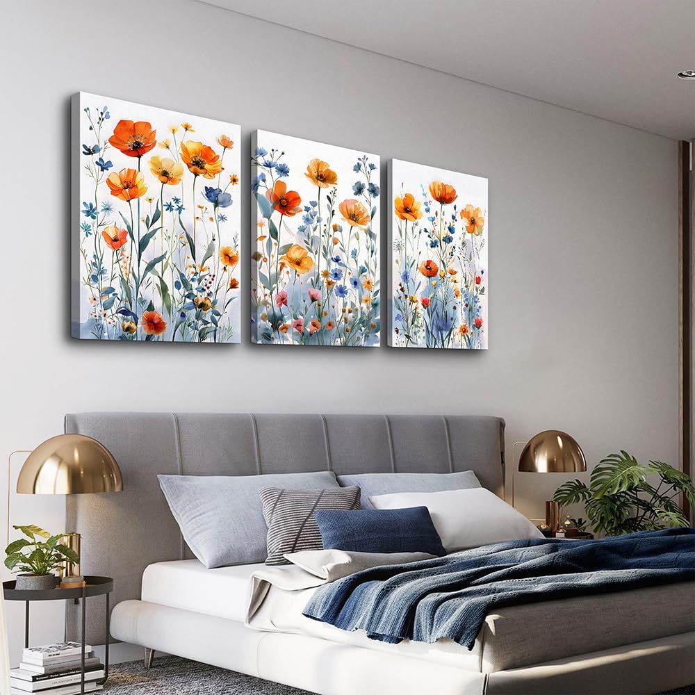 TTHYUEWS Large Canvas Wall Decor for Living Room Boho Wall Art for Bedroom Wall Decorations For Kitchen Family Room Wall Pictures Artwork Flowers Watercolour Paintings Modern Home Decor 3 Pieces