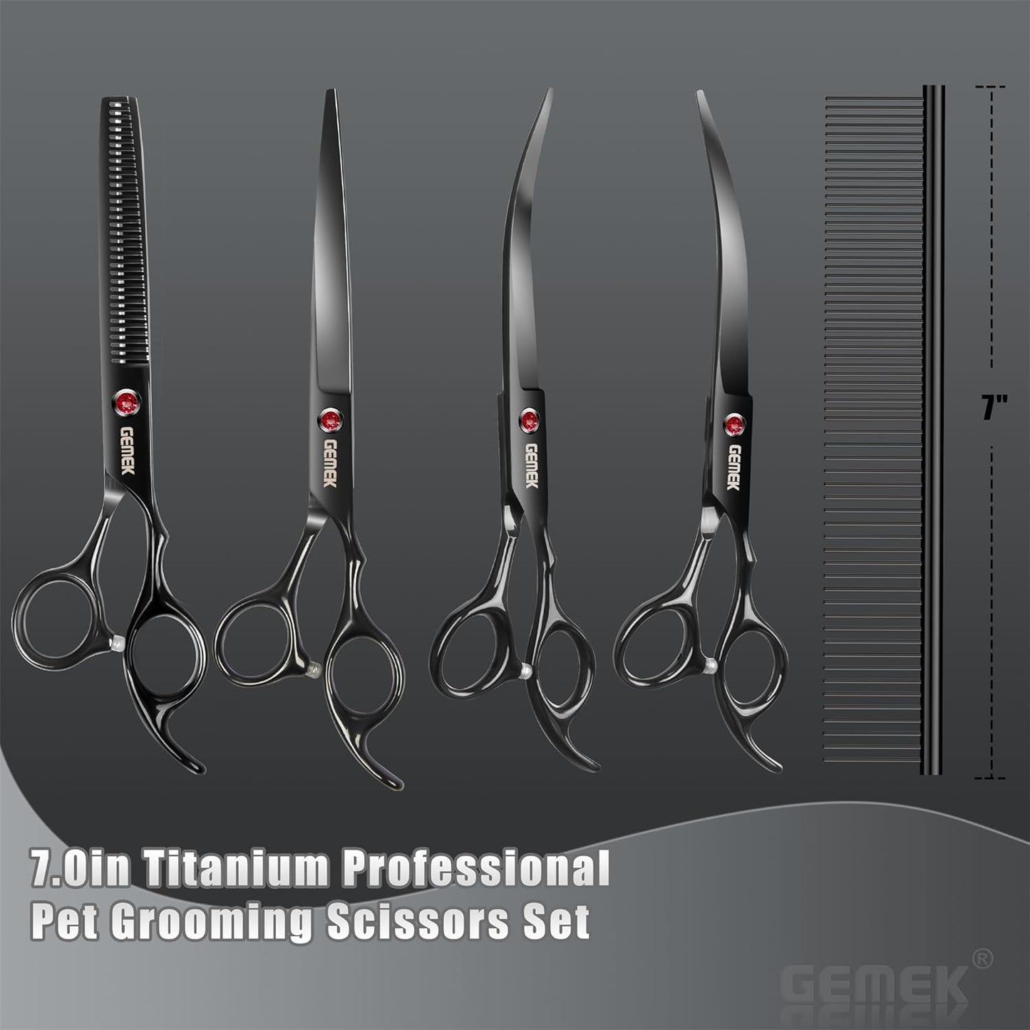 7.0in Titanium Professional Dog Grooming Scissors Set, GEMEK 6 in 1 Straight & Thinning & Upwards Curved & Downwards Curved Scissors & Comb for Dogs, Cats and Other Animals (Black)