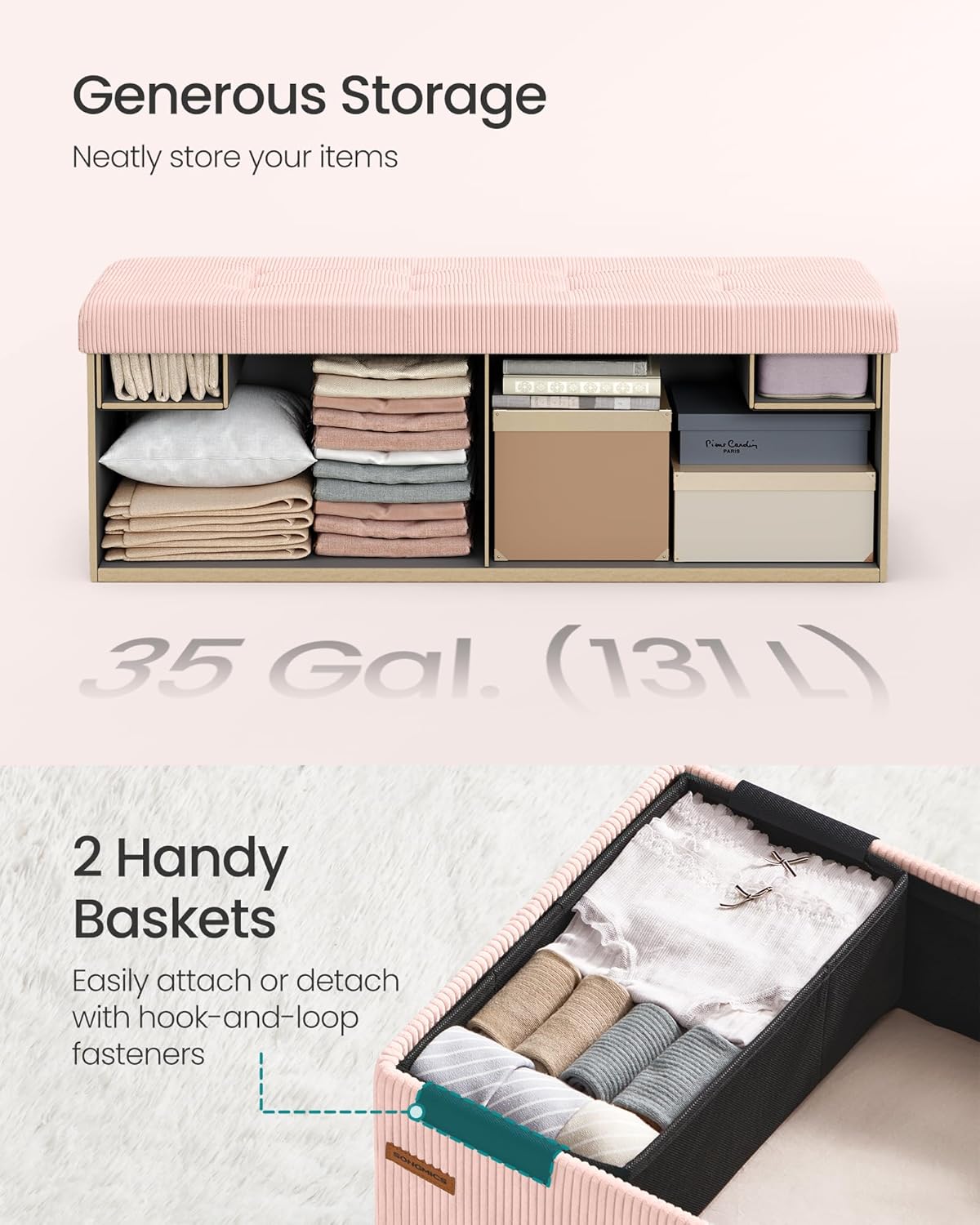 SONGMICS MAZIE Collection - Storage Ottoman Bench, Foldable Foot Rest, 15 x 43 x 15 Inches, End of Bed Bench, Storage Chest, Load 660 lb, Living Room, Bedroom, Entryway, Jelly Pink ULSF604R01