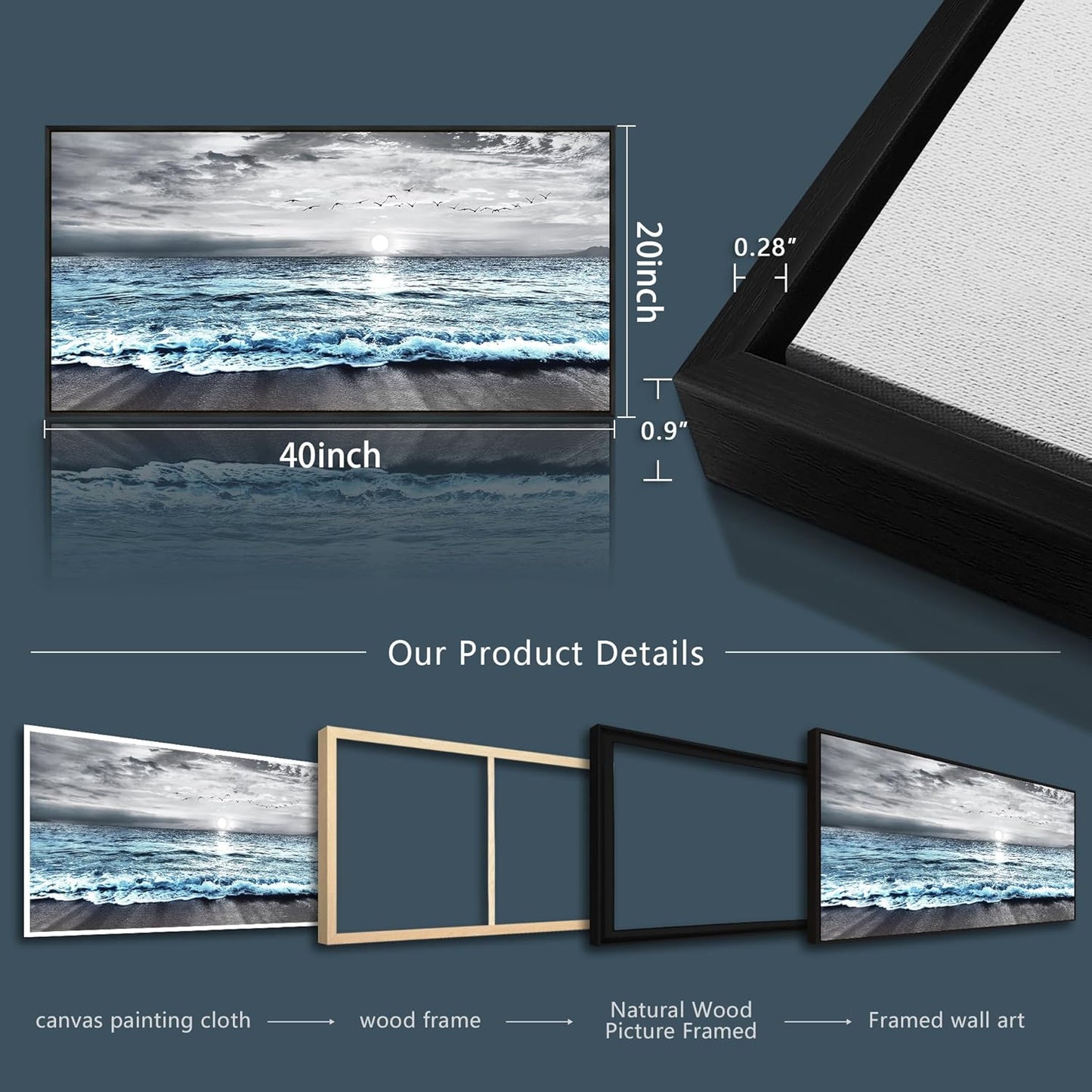 Wapluam Large Black Framed Wall Art For Living Room Wall Decorations For Bedroom Office Wall Decor Black And White Wall Painting Blue Sea Wave Pictures Artwork For Modern Beach Canvas Prints Poster