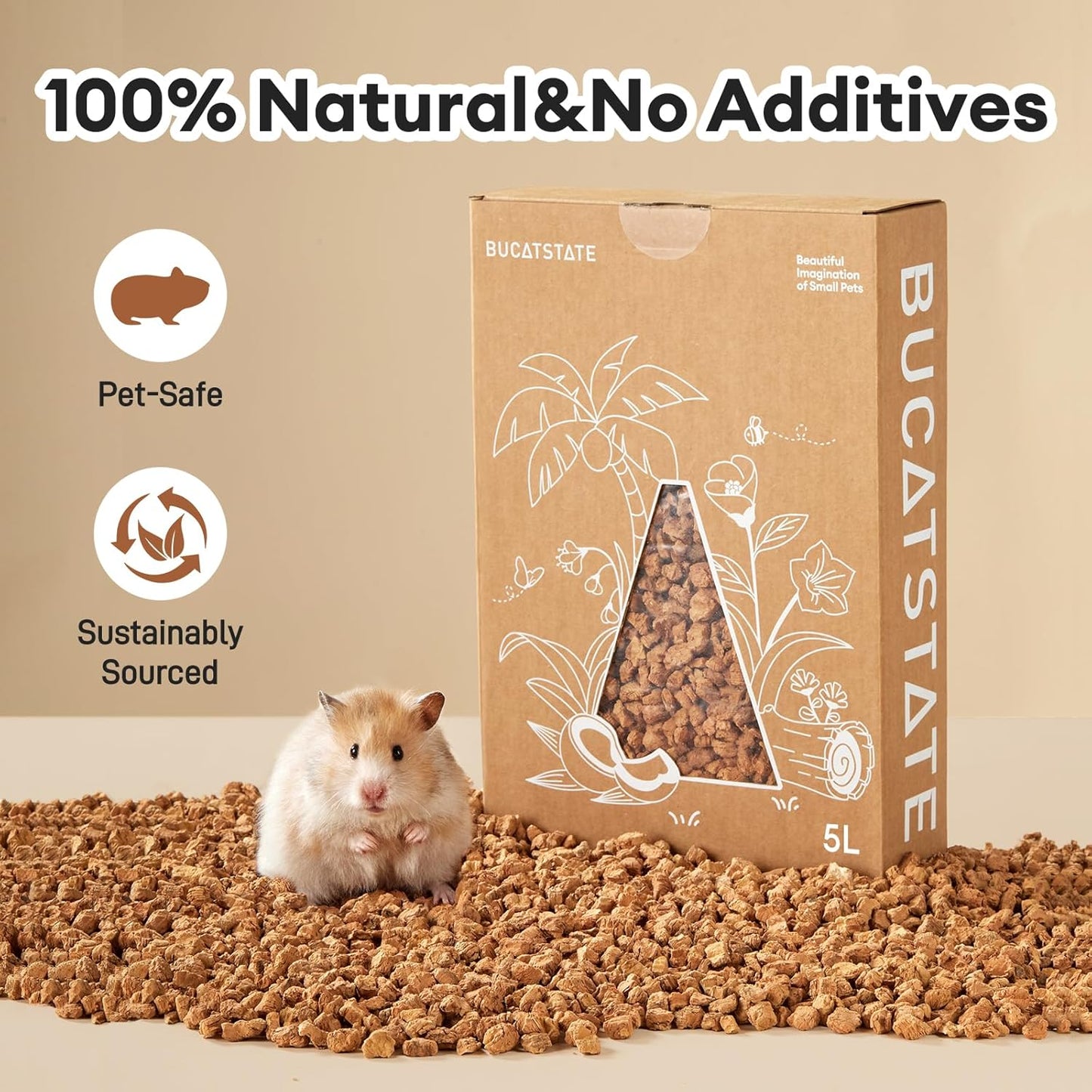 BUCATSTATE Cork Bedding 5L, Natural Hamster Bedding Odor Control for Dwarf Syrian Hamsters, Gerbils, Mice, Low-dust Hamster Substrate with Paper Hideout Box (Grain 4-5mm)