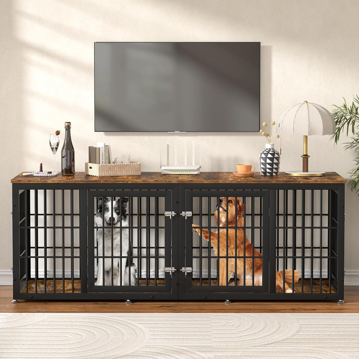 78 Inch Double Dog Crate Furniture, Heavy Duty Extra Large Cage Furniture with Divider for 2 Dogs, Decorative Wooden Kennel Furniture Indoor, Metal Pet House for Large and Medium Dogs