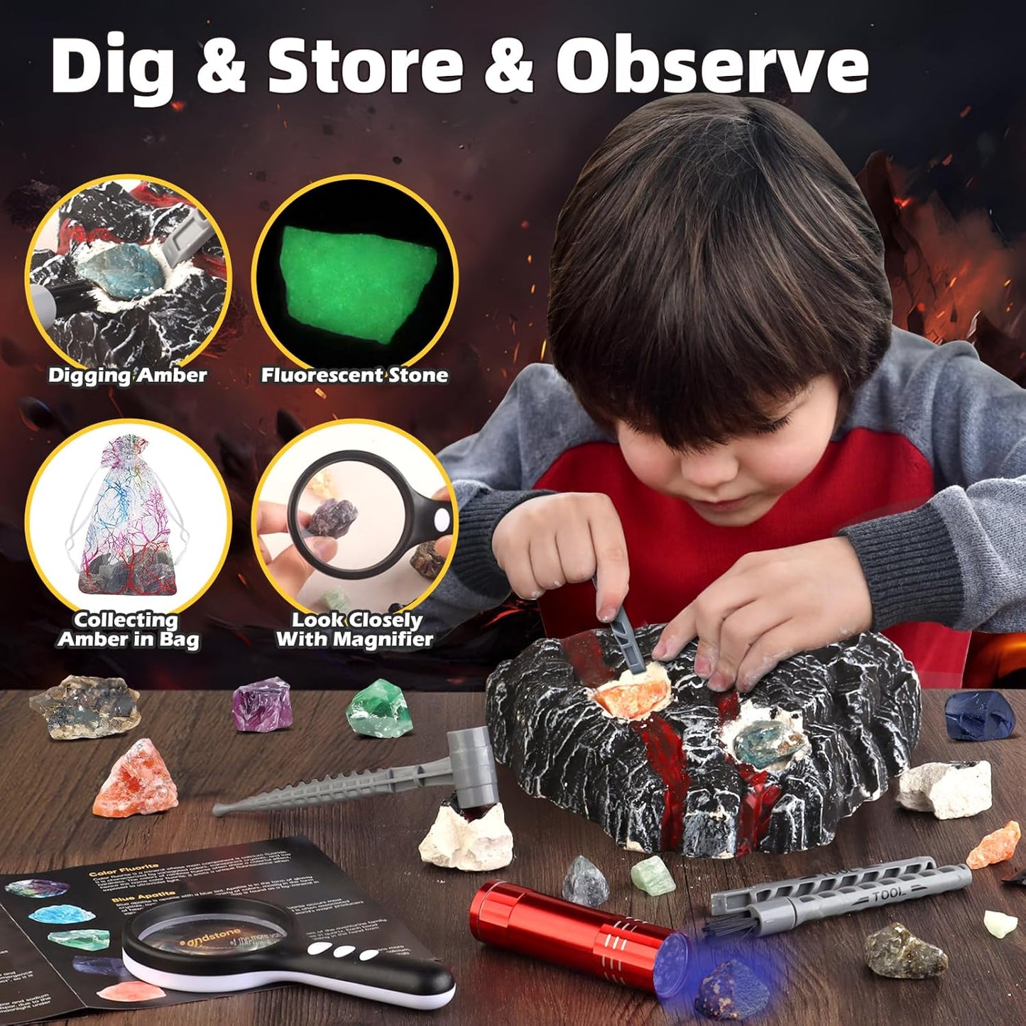 Volcano Dig Kit - 10 Rocks Excavation Kit, Gemstone Rocks for Kids, Fossil Volcano Toys Dig Kits for Rocks Collection, Volcano Toys for Boys Girls 6 and up Year Old Birthday Gifts