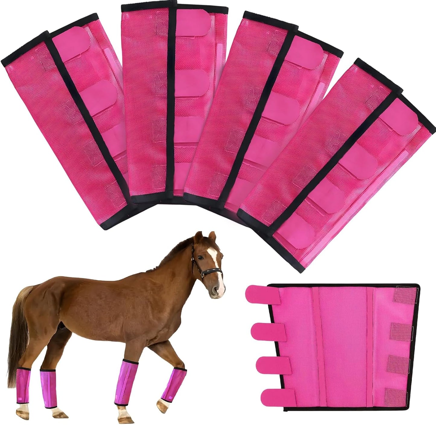 Mesh Horse Fly Boots Set of 4,Adjustable and Universal Loose Fitting & Non-Slip Horse Fly Leggings for Horses,Reduce Stressful Stomping (Pink)