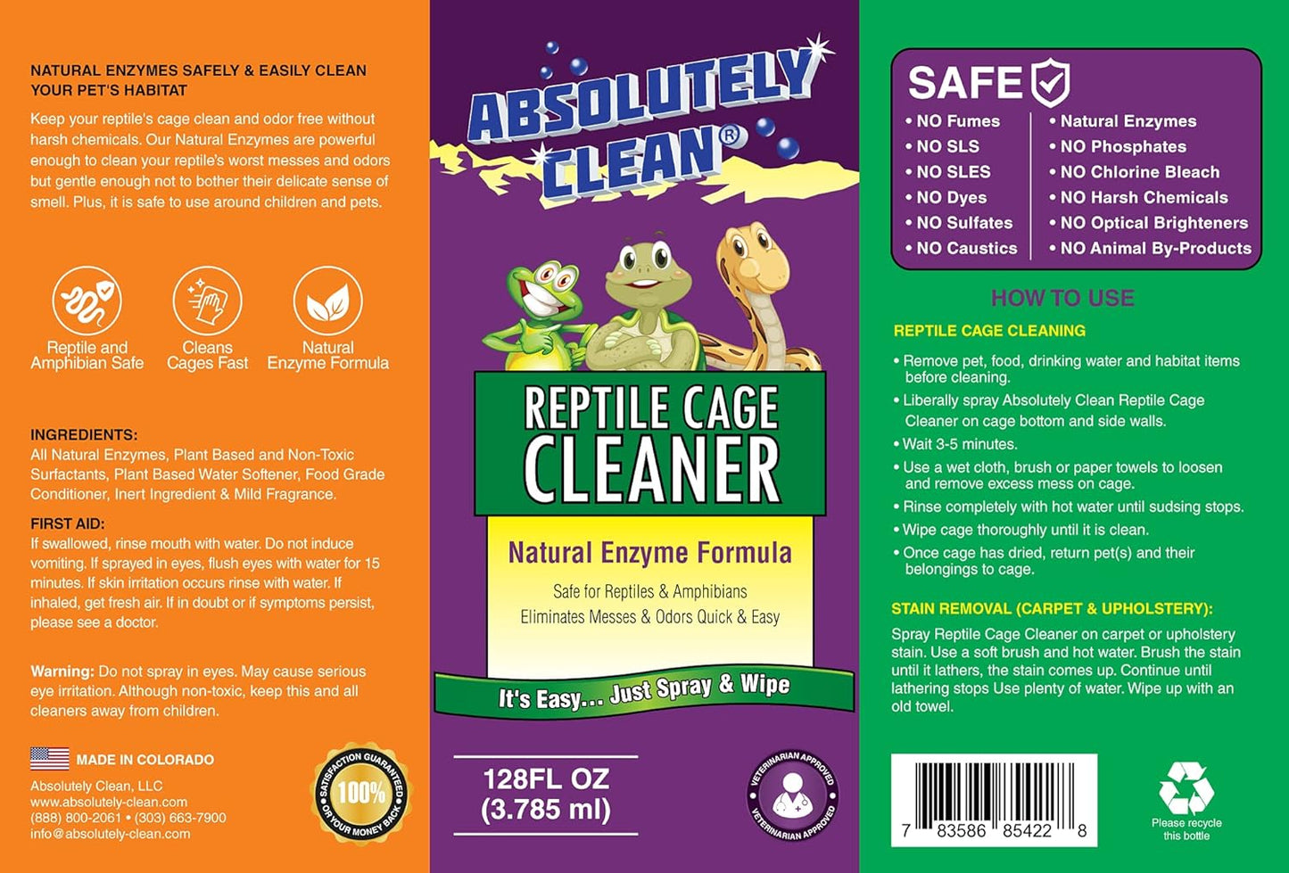 Absolutely Clean Amazing Reptile & Amphibian Terrarium Cleaner and Deodorizer - Just Spray/Wipe - Safely & Easily Removes Reptile & Amphibian Messes - USA Made (128oz Refill - Save 60%)