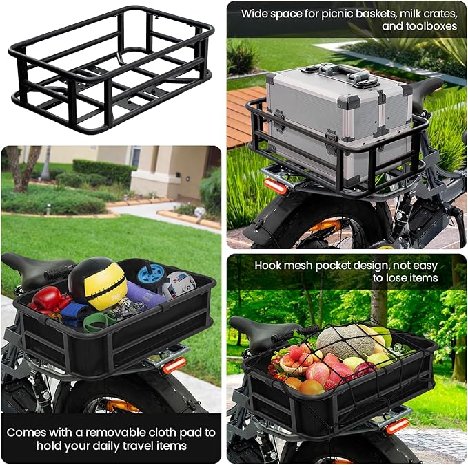 AWQM Large Ebike Basket, Waterproof Metal Electric Bicycle Basket, Quick Assemble Bike Accessories Rear Cargo Rack for Picnic, Pet, Sports