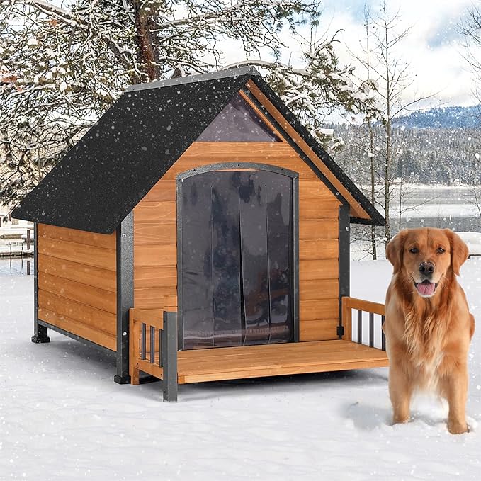 Outdoor Heated Dog House with All-Around Insulated Liner Weatherproof Puppy Shelter Indoor Dog Kennel, Anti-Bite Dog Home for Large Breed with Porch (Brown-2, 50.8" D x 37.4" W x 37.2" H)
