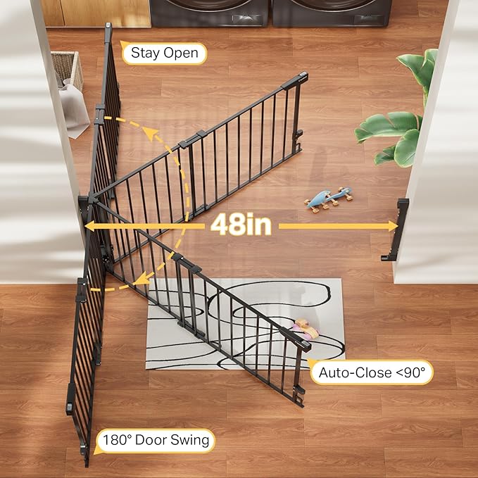 Cumbor 31.6-48" No Bottom Bar Baby Gate for Stairs, 2-in-1 Auto Close Dog Gate Indoor, Hardware Mounted Pet Gate for Doorways with Large Walk Thru Door, Child-Proof Safety Gate for Kids (Black)