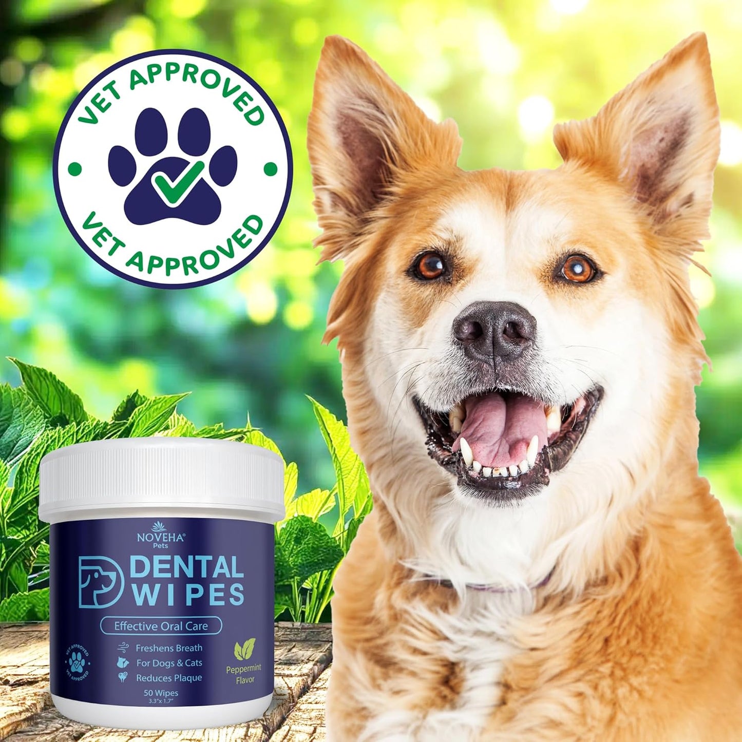 NOVEHA Pets Dental Finger Wipes for Dogs & Cats | Freshens Breath, Reduces Plaque | Healthier Gums | Clean Teeth No Toothbrush | Vet Recommended Effective Natural Oral Care (100 pcs, Mint)