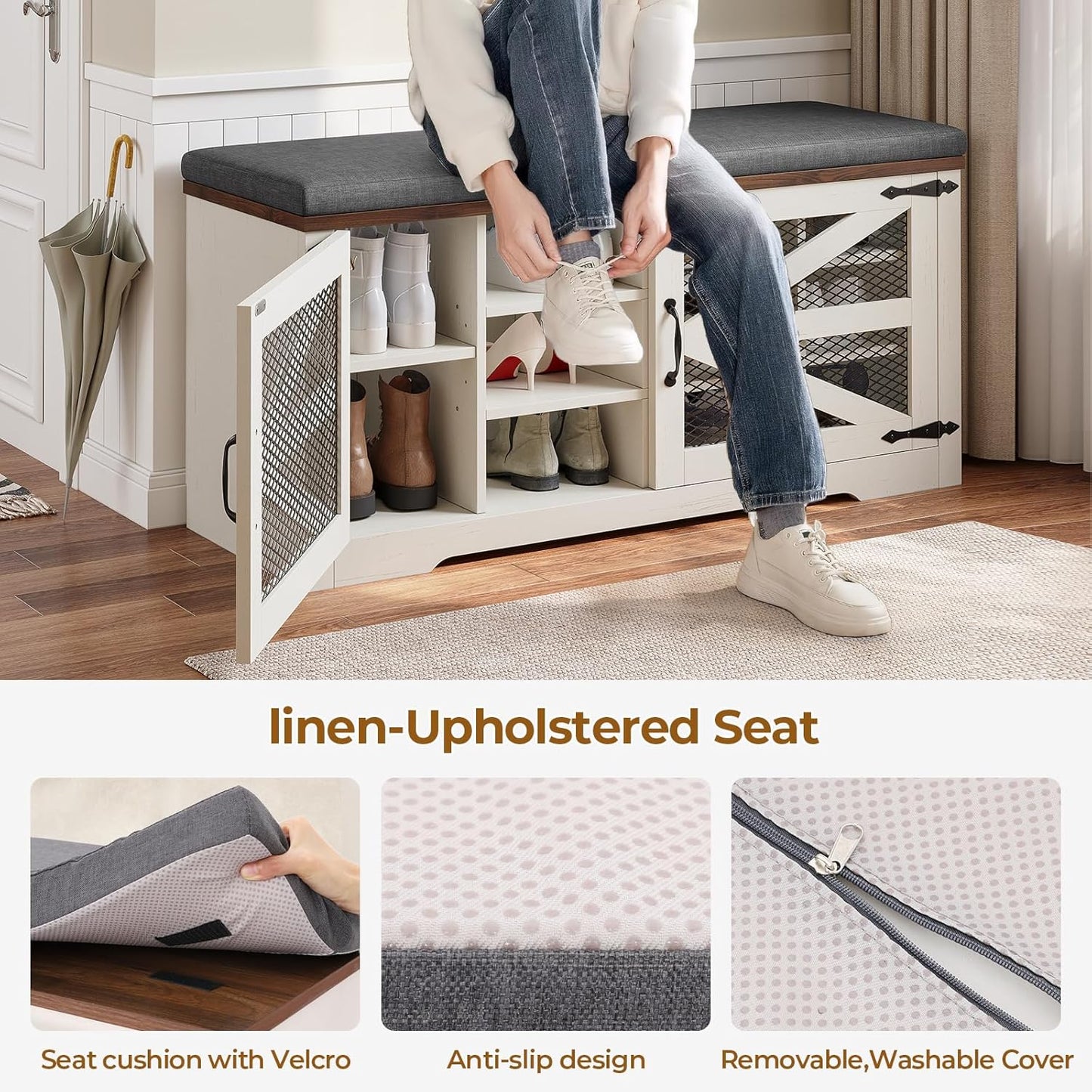 Farmhouse Storage Bench with Cushion, Metal and Wood Shoe Rack Organizer, Adjustable Shelf, Shoe Cabinet with Half Hidden Storage Space, for Entryway, Bedroom, Living Room (Old White, 43.3in)