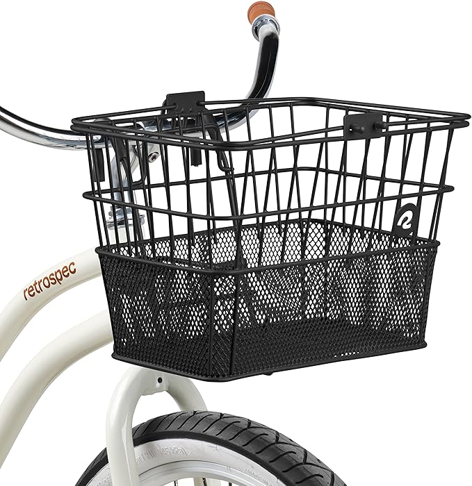 Retrospec Apollo Detachable Front Bike Basket Steel Half-Mesh with Integrated Detachable Hooks and Built-In Handle, Easy Assembly and Portability for Bicycles