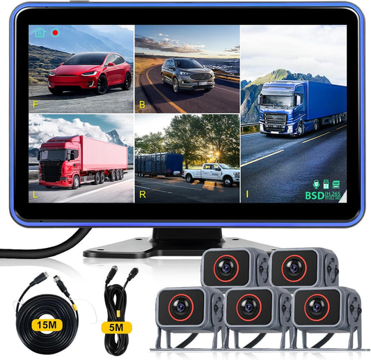 Hodozzy Backup Camera Monitor System,10.1 Inch IPS Reversing Monitor, 5 Split Screen with Five Waterproof Camera,IP68 Waterproof,Night Vision, Hard-Wired Backup Camera for Trucks/Bus/Trailer/RV