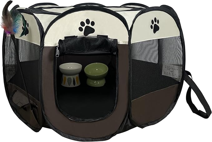 Cat Playpen for Indoor and Outdoor Cats Collapsible Enclosed, Portable Cat Tent, Cat, Puppy Crate Cage (Coffee, Standard, Octagon)