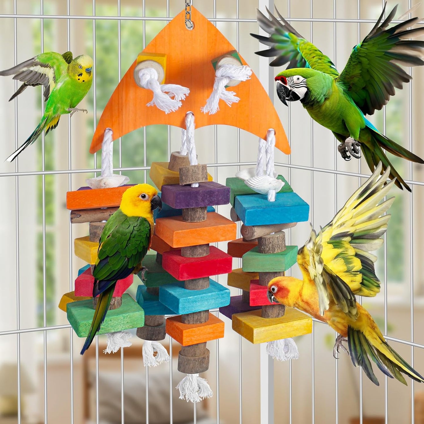 22.8" Natural Shell Parrot Toy for Medium & Large Birds (Sichuan Pepper Wood/Pine Wood/Poplar) with Stainless Steel Hook | Macaw Toys, African Grey Chew Toys