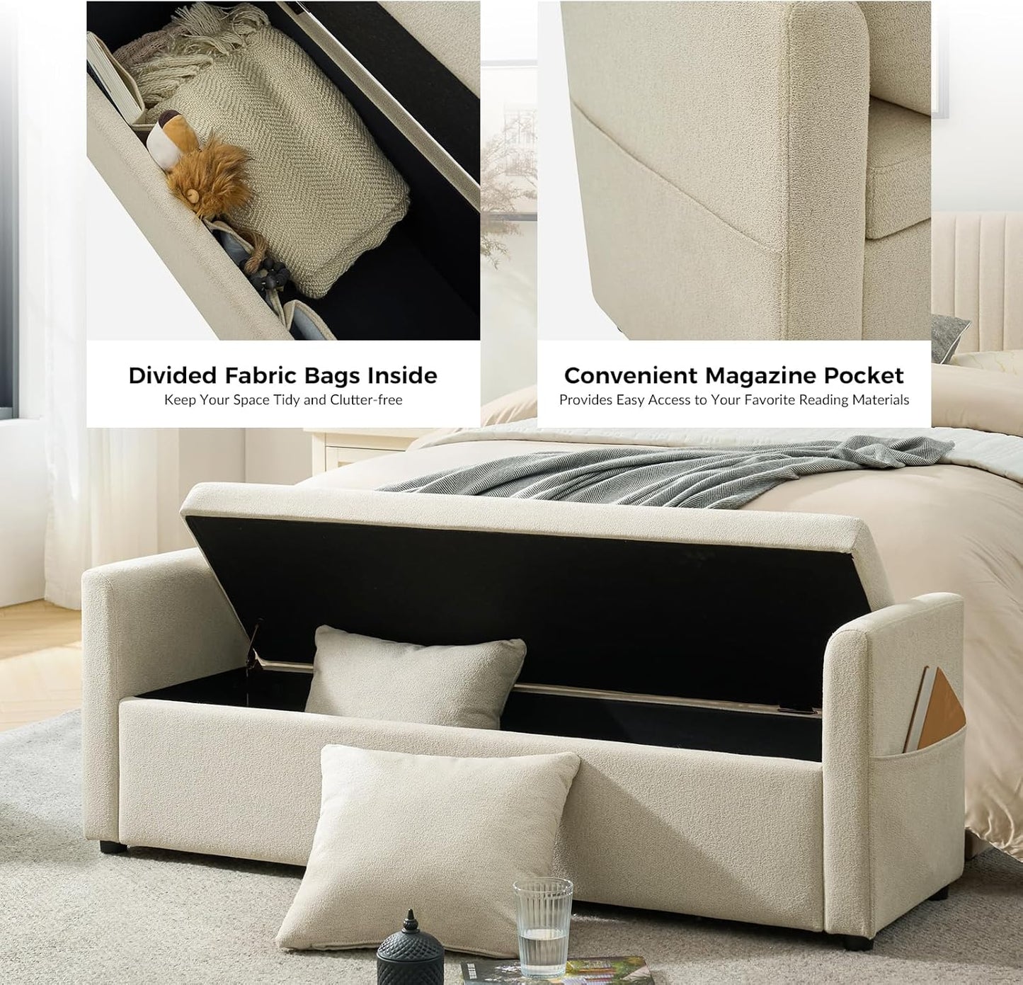 HULALA HOME Modern Storage Ottoman Bench with Throw Pillows, 59" Extra Long End of Bed Bench with Storage Pocket, Comfy Upholstered Footstool for Bedroom Entryway Living Room, Ivory