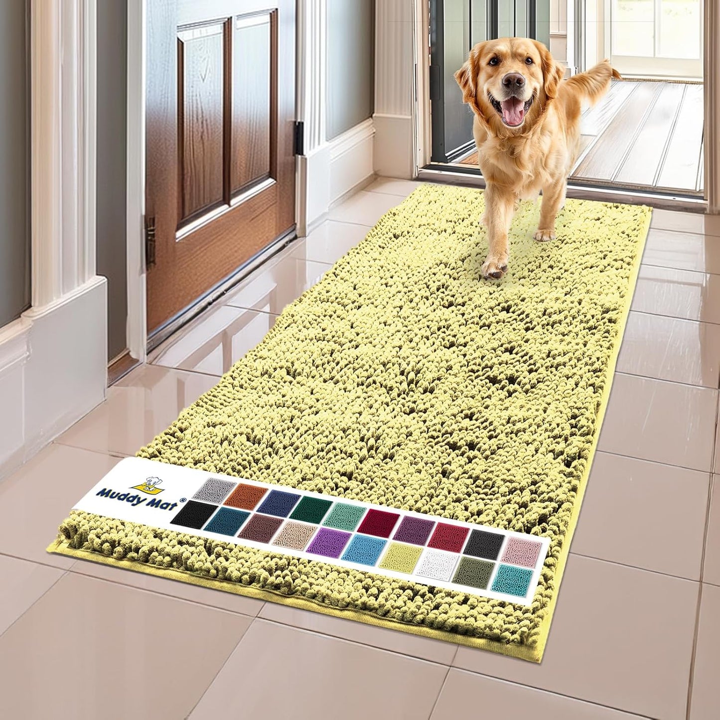 Muddy Mat® Original Dog Door Mat for Muddy Paws, Super Absorbent Microfiber, Non-Slip Washable Pet Rug, Quick Dry Chenille Entryway Carpet, Machine Washable Indoor Outdoor mat, Yellow 24"x60"