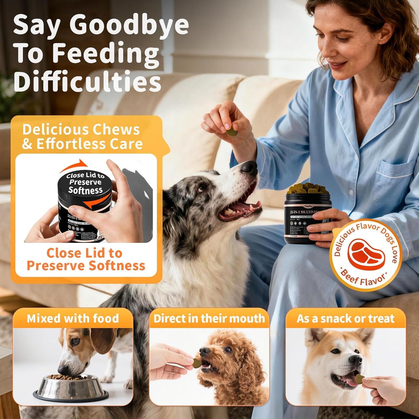 25-in-1 Dog Multivitamin Chews – All-in-One Daily Vitamins & Supplements for Dogs, Joint Support with Glucosamine MSM, Omega-3 Skin & Coat, Gut, Heart & Brain, All Breeds & Ages, Beef, 60Ct