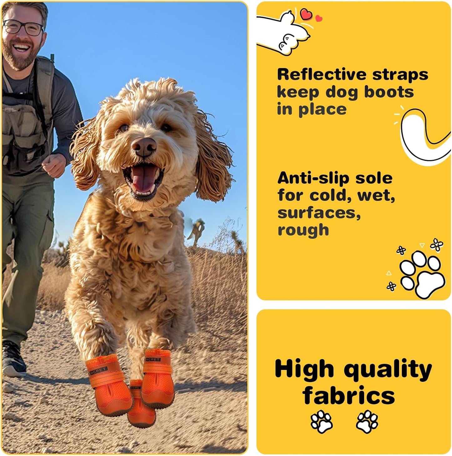 Hcpet Dog Shoes for Large Dogs, Breathable Dog Booties for Small Medium Dogs, Anti-Slip Dog Boots & Paw Protectors for Hot Pavement Winter Snow Hiking with Reflective Straps Orange Size 3