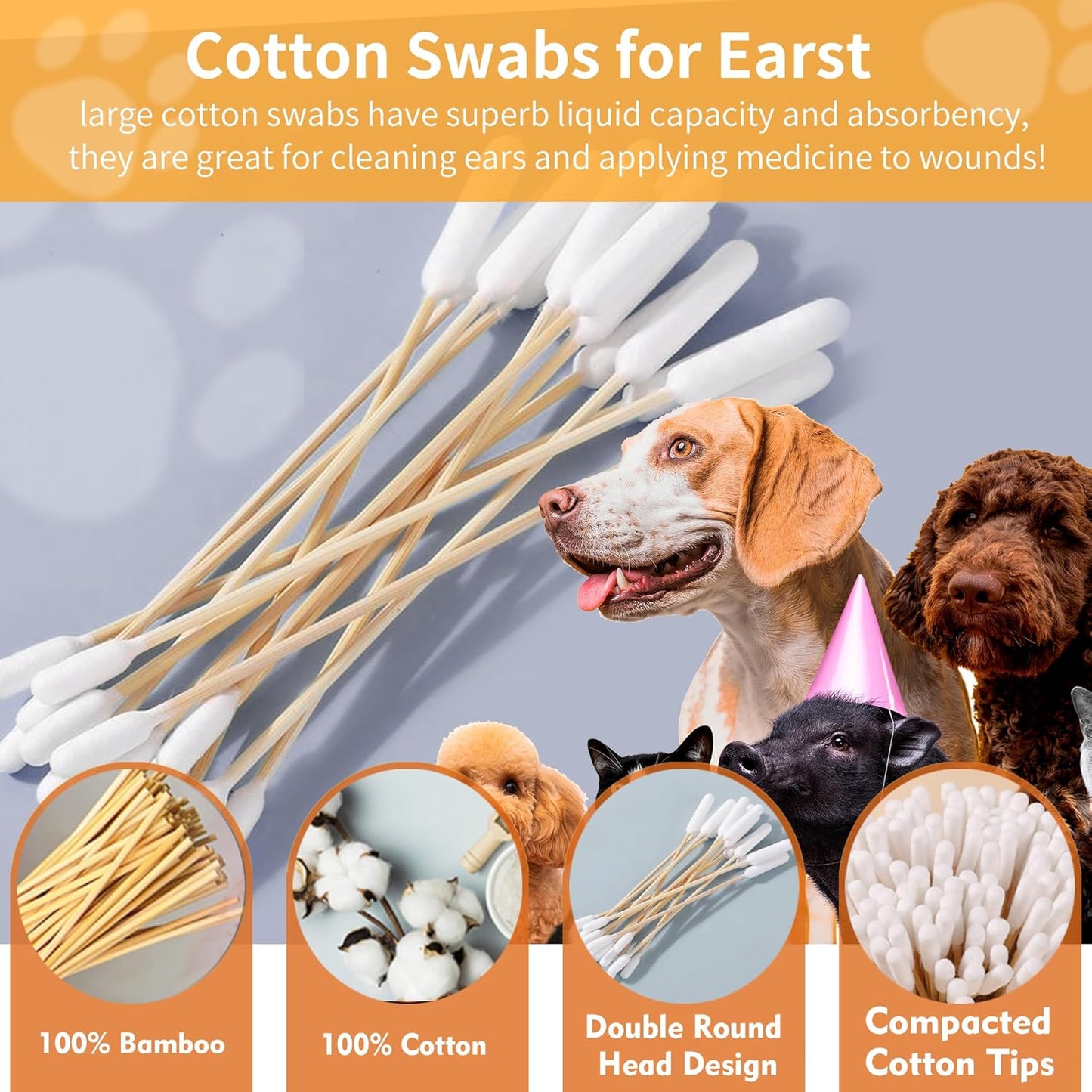 300 PCS 6 Inch Long Cotton Swabs in Box - Professional Large Cotton Swabs with Bamboo Handle - Double Sided Dog Ear Swabs - Specially Designed Big Cotton Swabs for Dog Ear, Cleaning Solution