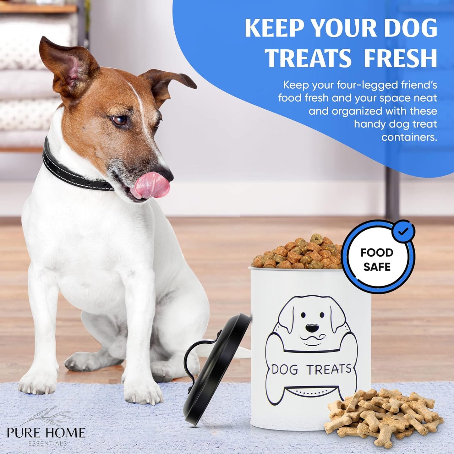 PURE HOME ESSENTIALS Metal Dog Treat Containers with Lids (Set of 3) – Customizable Chalk Labels & Chalk Included – Dog Food Storage/Dog Treat Jars for Kitchen Counter