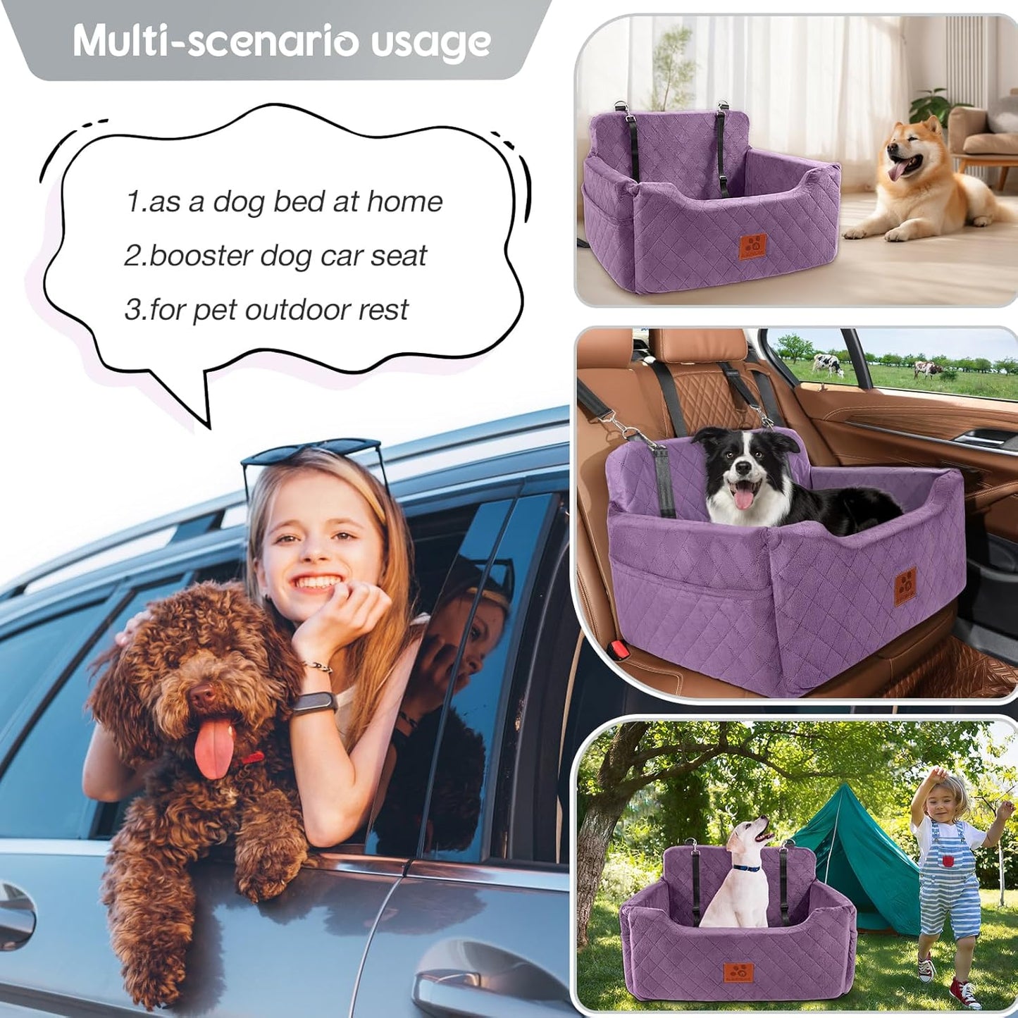 Dog Car Seat for Medium/Large Dogs, Dog Booster Seat for Pet Under 50lbs or 2 Small, Detachable and Washable Pet Car Seat,Multi-Functional Pet Travel Bed for Backseat(Purple)