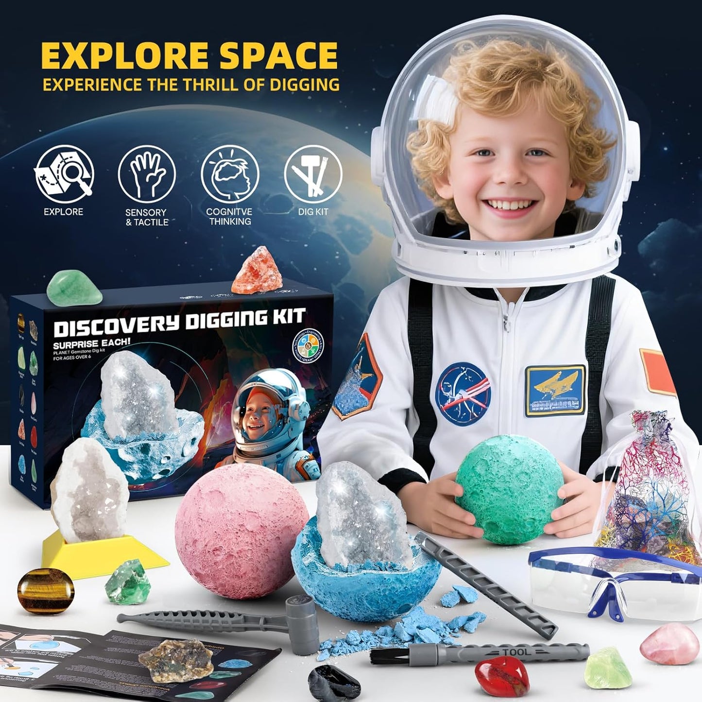 Space Dig Kit - Gem Excavation Kit, Gemstone for Kids, Space Toys Dig Kits for Gemstone Collection, Space Planet Toys for Boys Girls 6 and up Year Old Birthday Gifts