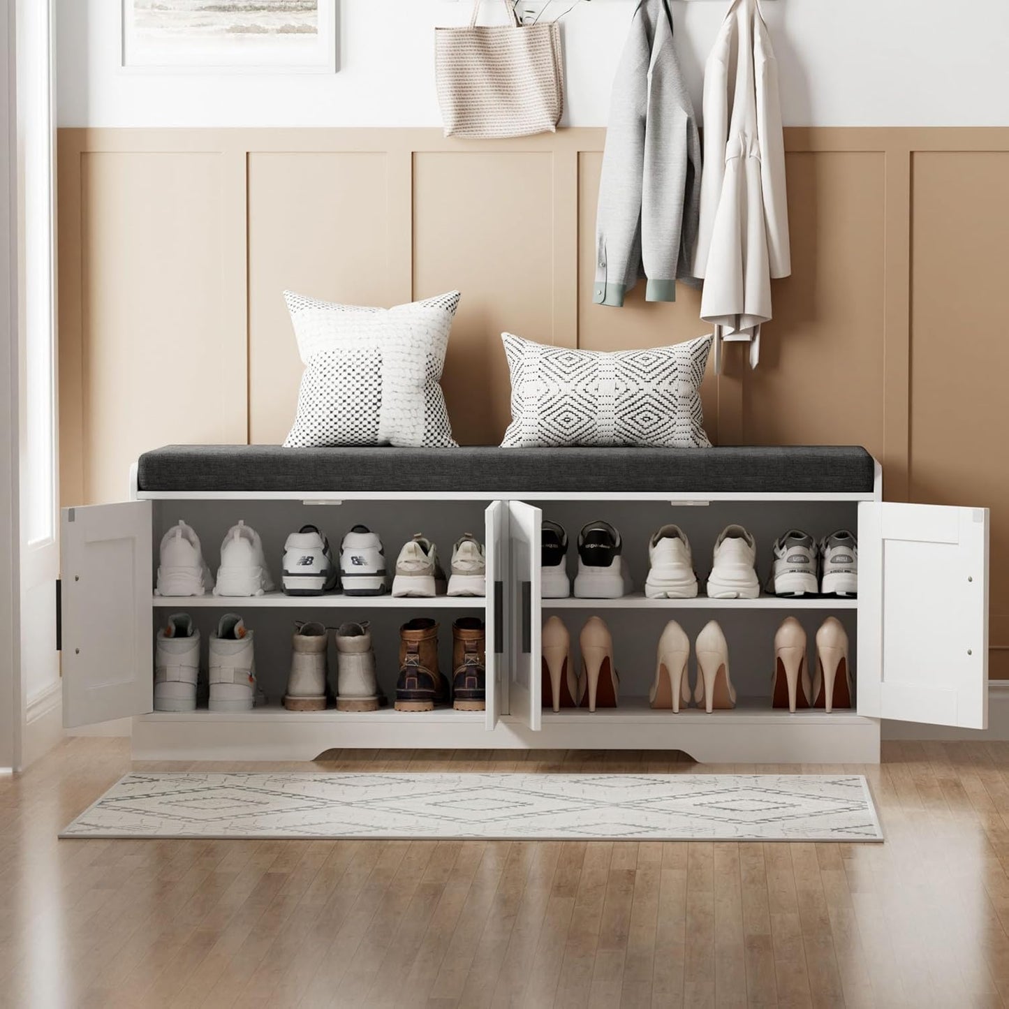2-Tier Storage Bench, Shoe Bench with Thickened Padded Seat Cushion, Entryway Bench with 4 Doors, Adjustable Shelf, 13.8" D x 45.3" W x 18.5" H, for Entryway, Living Room, Bedroom, White
