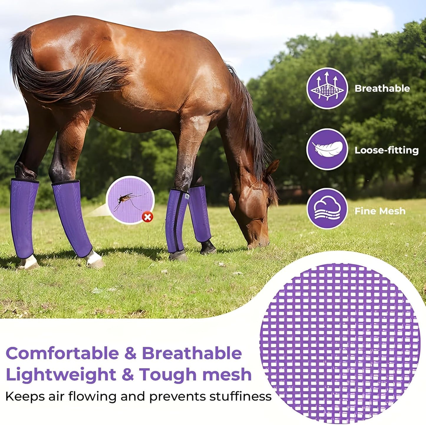 Mesh Horse Fly Boots Set of 4,Adjustable and Universal Loose Fitting & Non-Slip Horse Fly Leggings for Horses,Reduce Stressful Stomping (Purple)