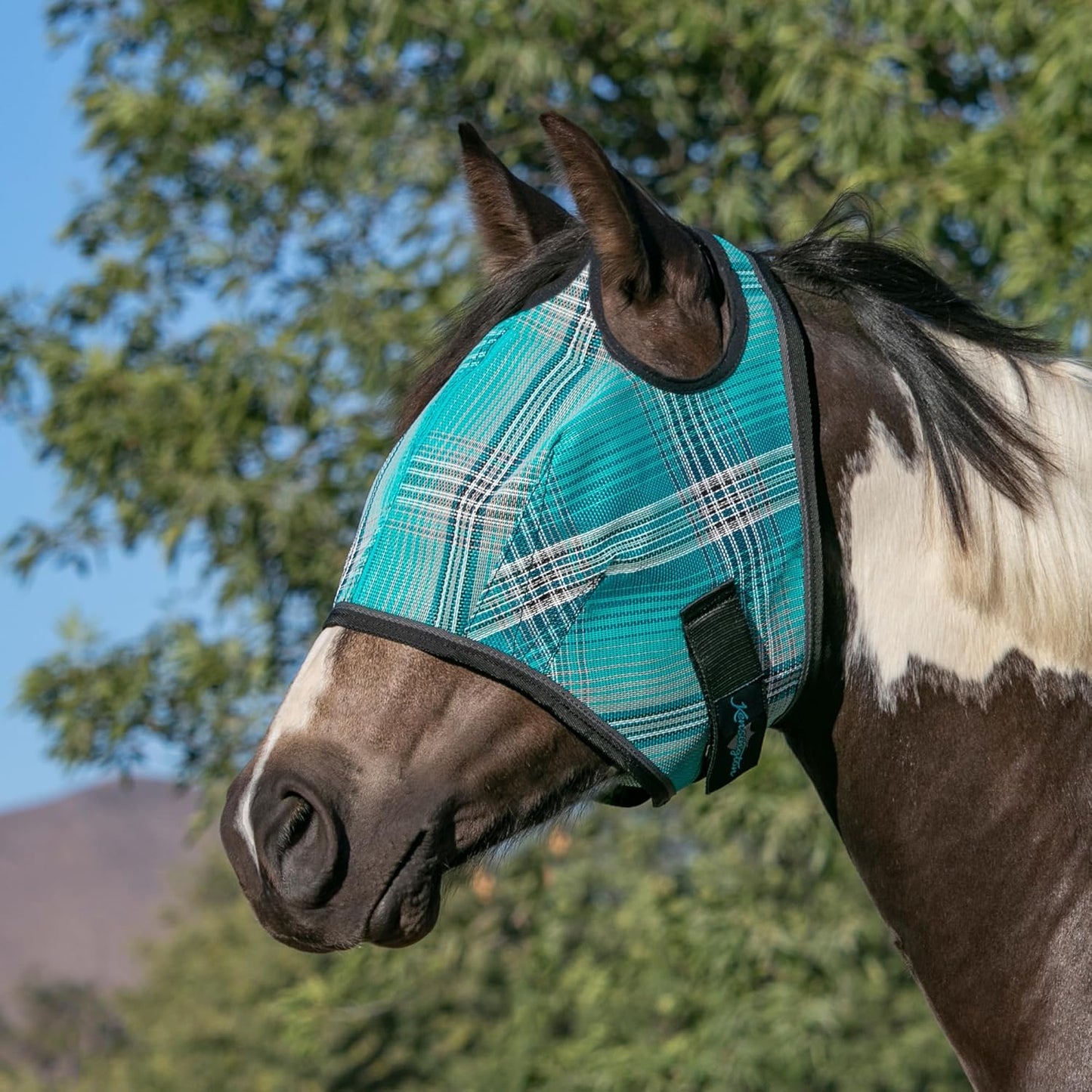 Kensington UV Horse Fly Mask with Web Trim - Protective Mask with Dual Ear Opening & Forelock Freedom - Small, Atlantis