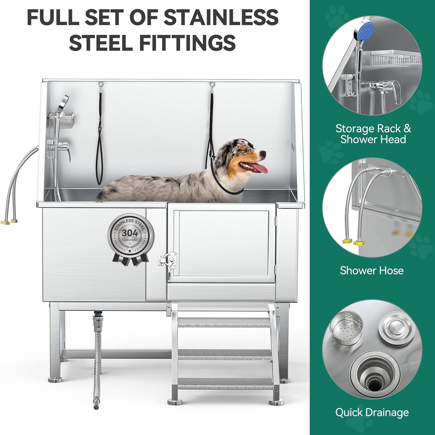 YITAHOME Professional Dog Bathtub 50in, Stainless Steel 304 Dog Bathing Station for Home, Pet Grooming Tub w/Right Stairs, Faucet, Floor Grate, Pet Washing Station for Large, Medium, Small Pets