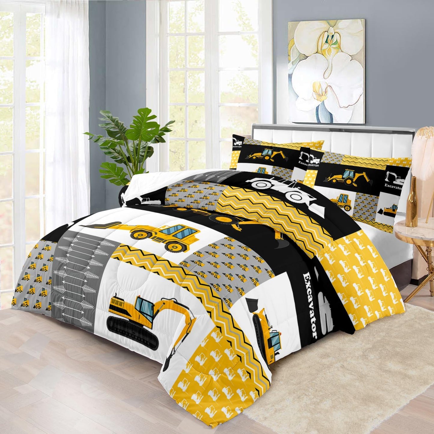 Construction Comforter Set Twin Boys,Yellow Twin Construction Bedding Set,Engineering Vehicles Comforter Yellow Bedroom Decor Kids,Truck Quilt Cartoon Truck Bedding for Teen