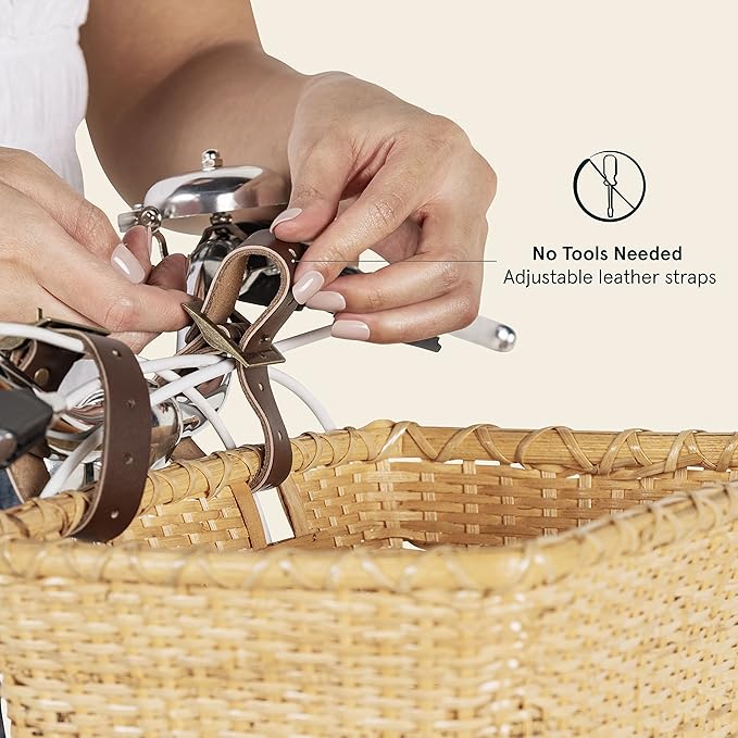 Retrospec Bicycles Cane Woven Rectangular Toto Basket with Authentic Leather Straps and Brass Buckles