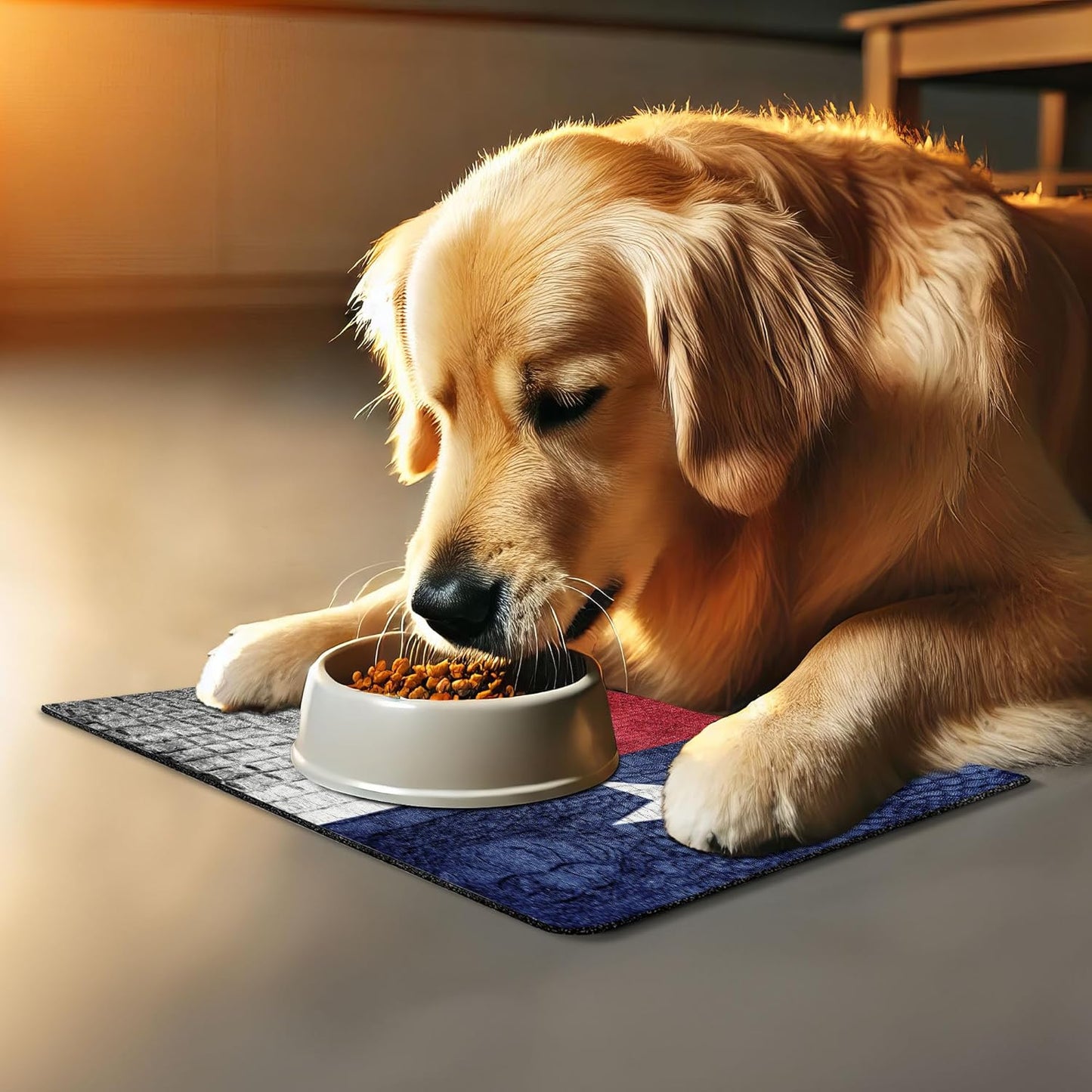 Lunarable Western Pet Mat for Food and Water, Texas State Flag Painted on Crocodile Snake Skin Patriotic Emblem Image, Non-Slip Rubber Mat for Dogs and Cats, 18" X 12", White Blue