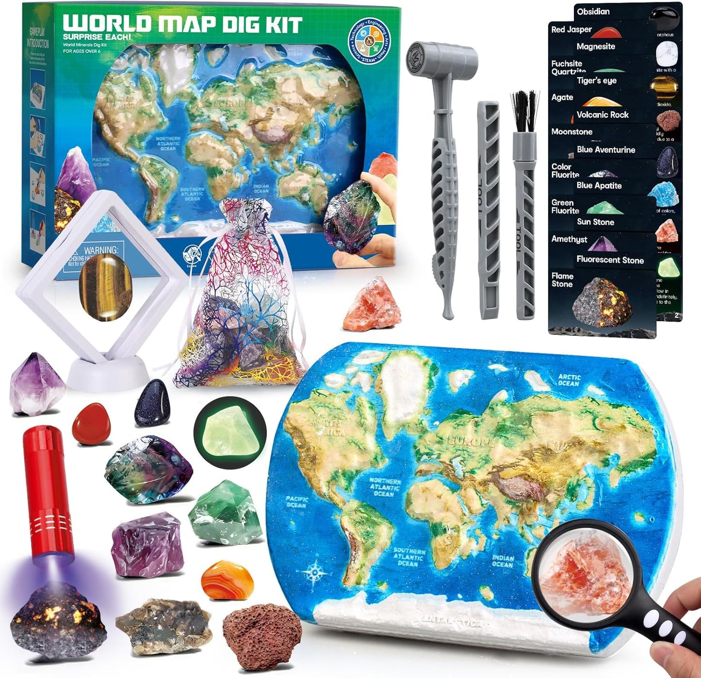 World Map Dig Kit - Gem Rocks Excavation Kit, Gemstone for Kids, Fossil Rock Toys Dig Kits for Collection, World Map Toys for Boys Girls 6 and up Year Old Birthday Gifts