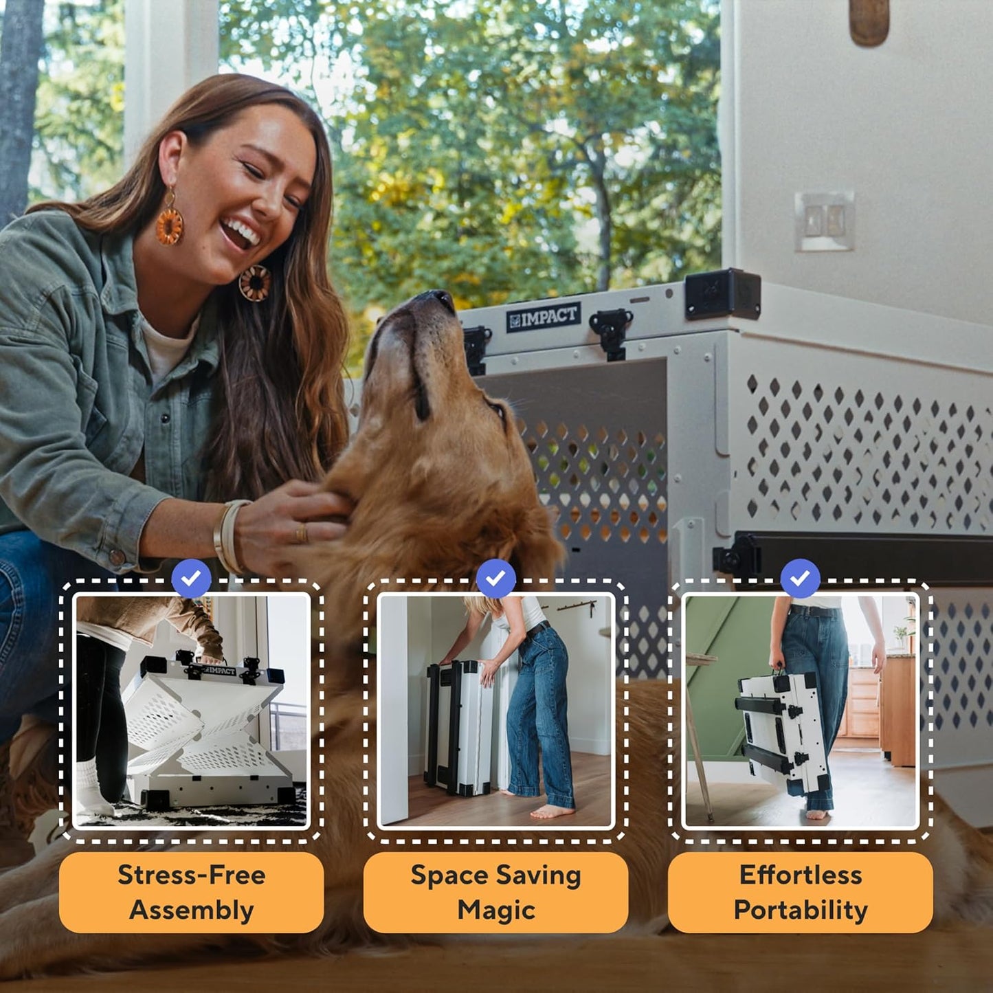 Impact Collapsible Dog Crate - Foldable Hard Crate for XXL Dogs - Heavy Duty Travel Kennel with Powder-Coated Aluminum - Quick Setup for Indoor & Outdoor (White, 48" (48" L x 27" W x 33" H))