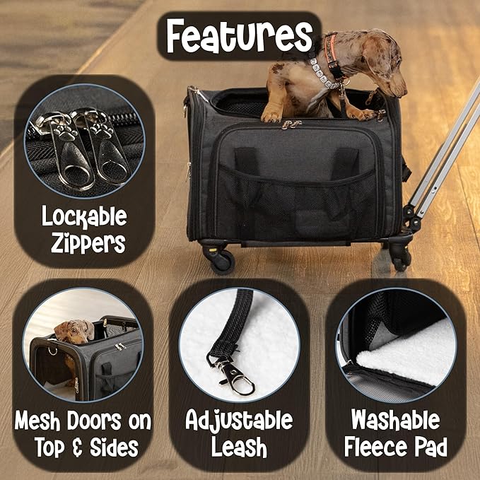 Pet Carrier with Wheels | United Delta American Frontier Airline Approved | Two Expandable Sides, Storage Pockets Adjustable Leash | Rolling Dog and Cat Carrier TSA Compliant (Charcoal)