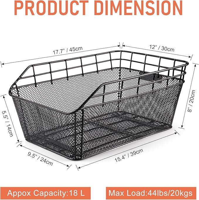 Rear Bike Basket - Large Bicycle Rear Basket with Cargo Net and Waterproof Cover, Wire Bike Baskets Rear Large Capacity (NO Bike Rack Include)