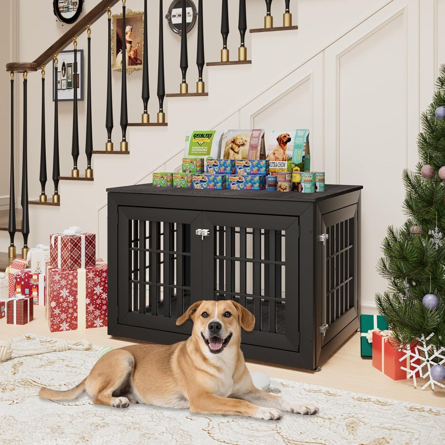 42" Heavy Duty Dog Crate Furniture for Small,Medium and Large Dogs,Rustic Wooden Dog Cage Kennel Indoor Furniture with Waterproof Top,Decorative Pet House Side End Table (Black & Grey)