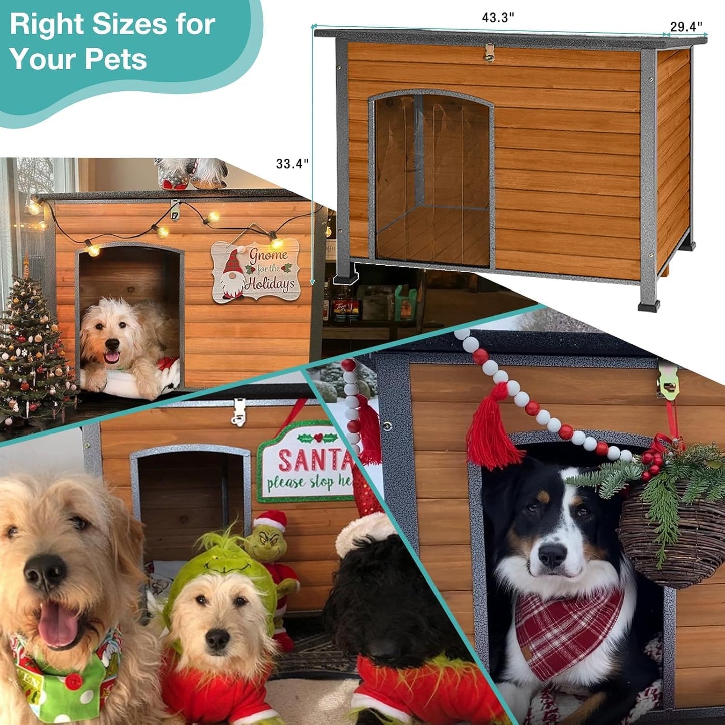 Feral Dog House Outdoor,Anti Bite Iron Frame Dog Kennel,Wood Warm Pets Home,Insulated Weatherproof Outside Shelter for Feral Animal (43.3" (L) x 29.4" (W) x 33.4" (H)-Brown-in)