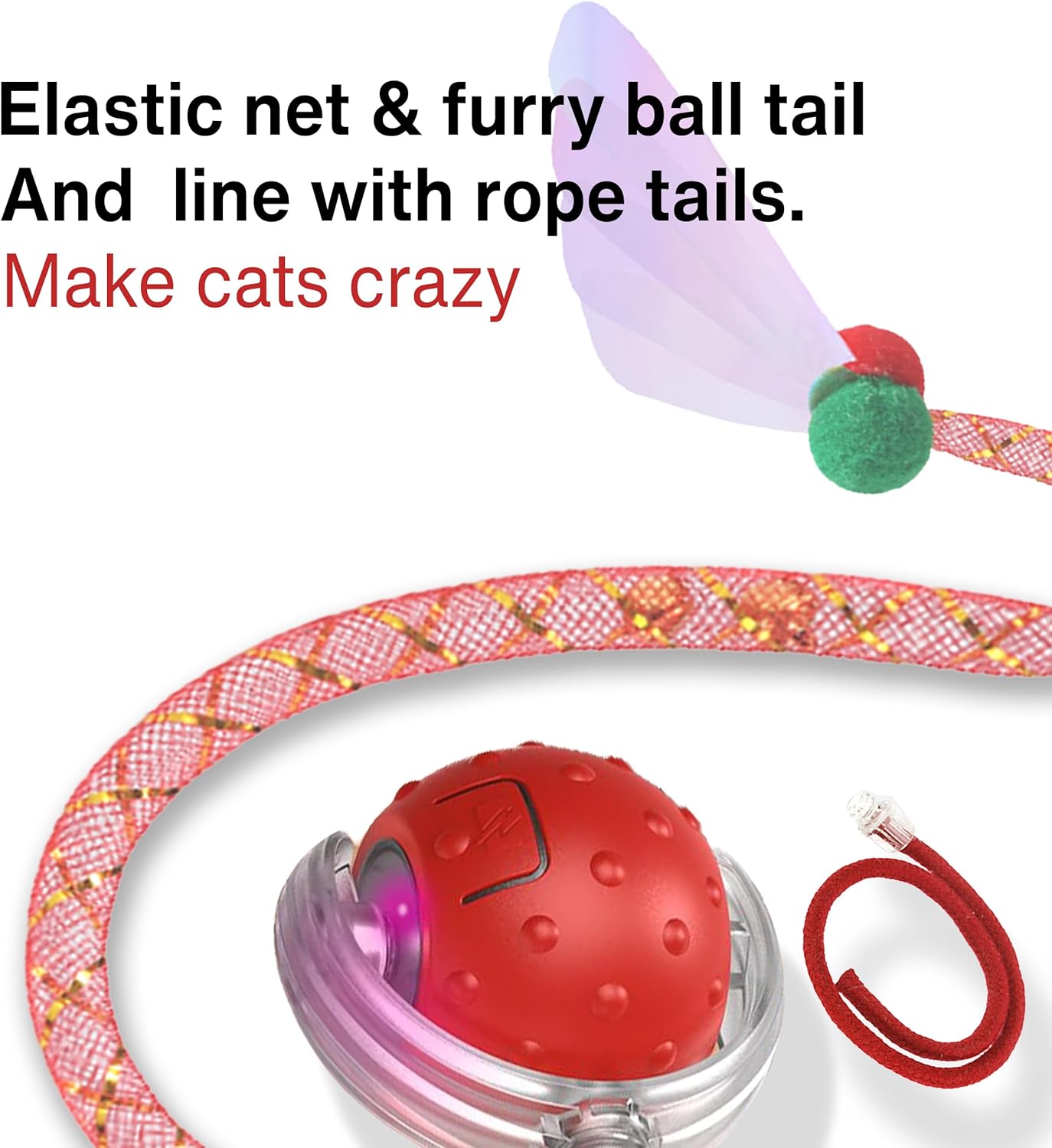 Interactive Cat Toy – Motion Activated Rolling Ball with LED Lights & 3 Play Modes & Two Different Tails - Best Toy for Indoor Cats & Kittens to Stay Active and Stimulate Hunting Instinct (Red)