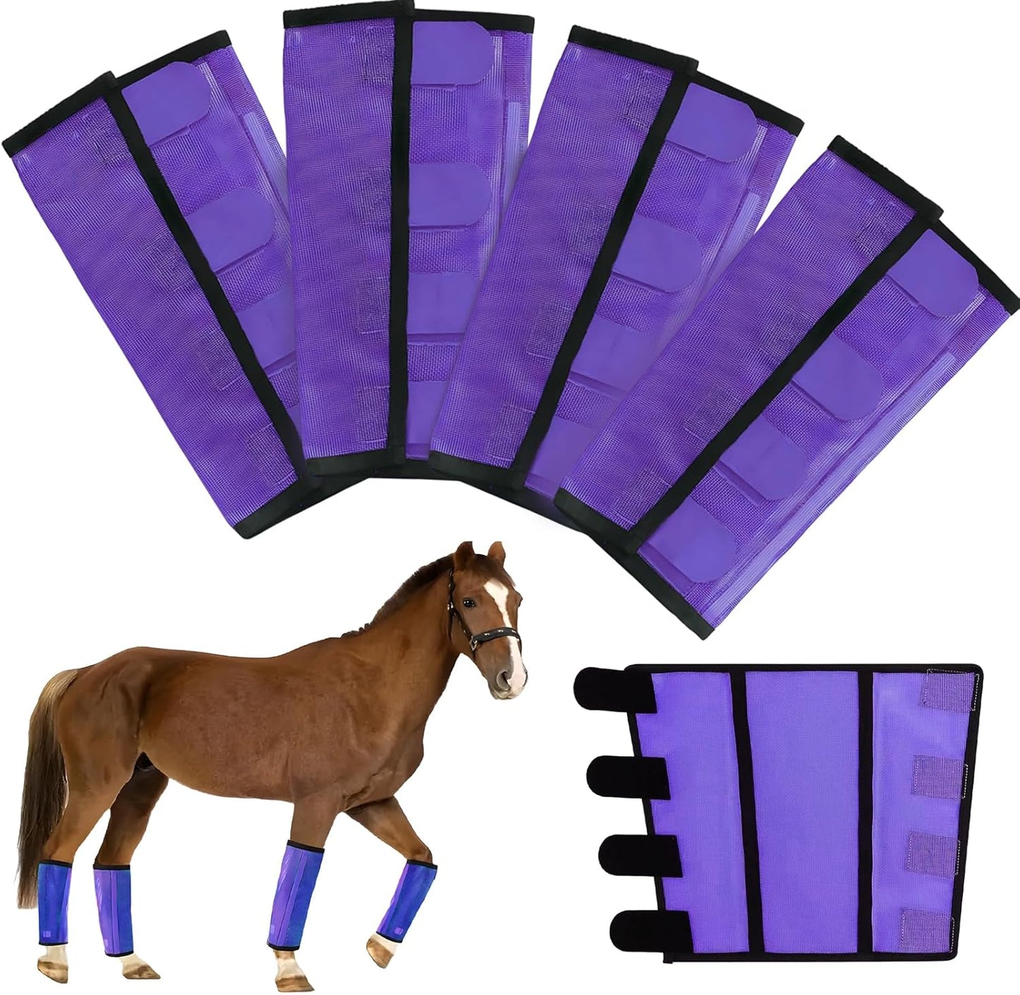 Mesh Horse Fly Boots Set of 4,Adjustable and Universal Loose Fitting & Non-Slip Horse Fly Leggings for Horses,Reduce Stressful Stomping (Purple)