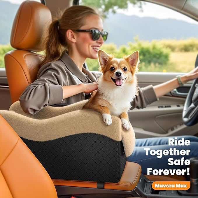 Portable Small Dog Seat for Car,Luxury Center Console Dog Car Seat Booster with Safety Tethers,Auti-Collapse Pet Travel Carrier for SUV,Truck.(Black/Brown)
