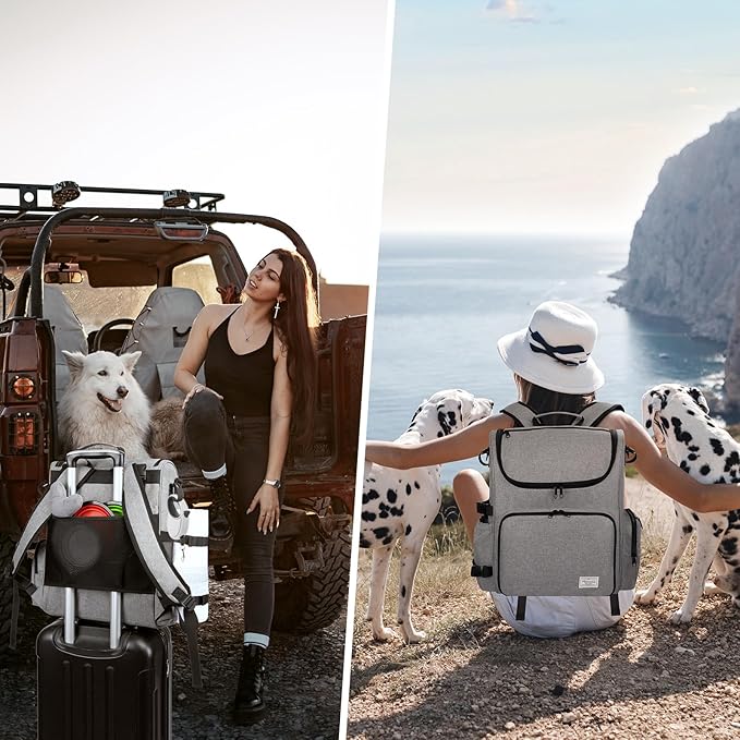 Modoker Dog Travel Bag Backpack, Airline Approved Pet Accessories Organizer for Dog and Cat with Shoulder Strap, 2 Dog Food Storage Containers, 2 Collapsible Dog Bowls,1 Pet Mat, Grey