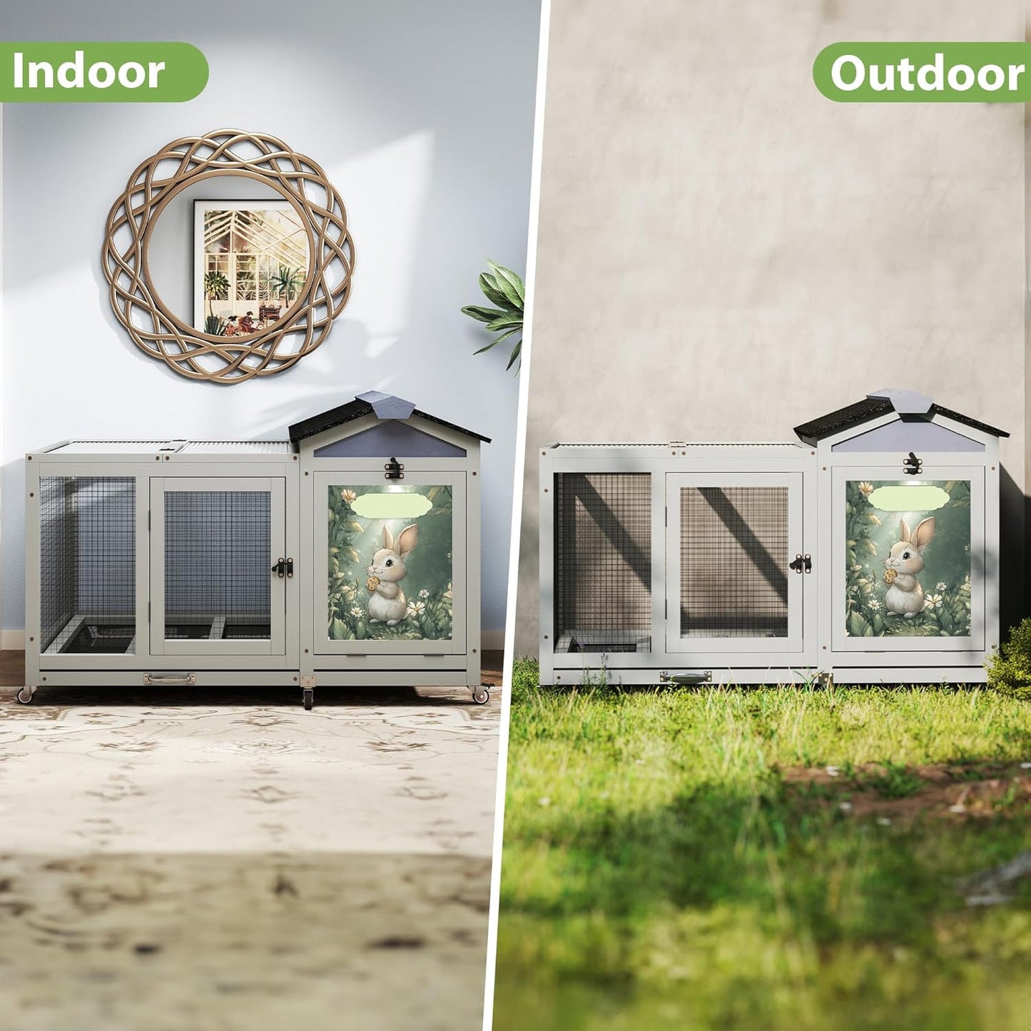 COZIWOW 39inches Assembled Wood Rabbit Hutch Indoor,Wide Space Small Animal Houses with Removable Tray&Safety Lock,Bunny Cage with Waterproof Roof&Solar Panels (Grey with Pattern)