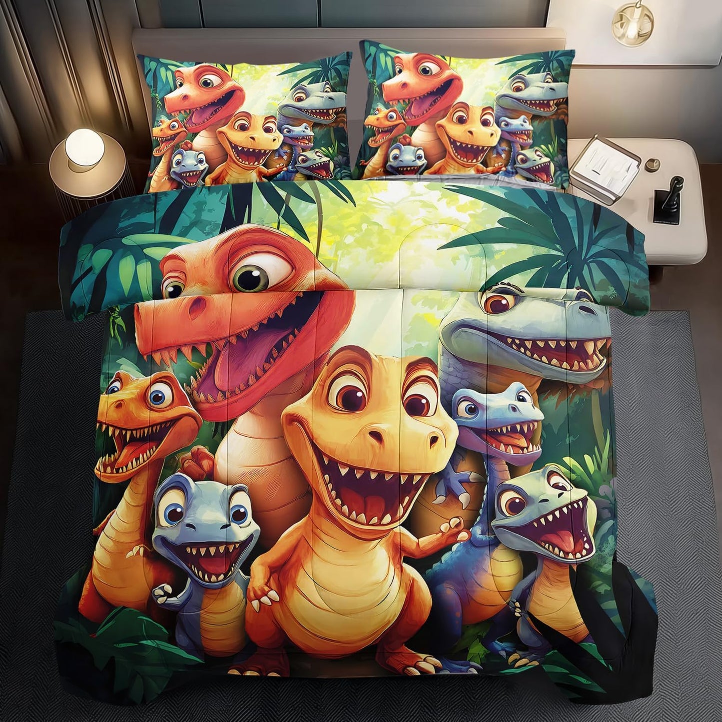 Dinosaur Comforter Set Queen Boys,Cartoon 3D Dinosaur Bedding Set Queen Bed Kids,3D Dragon Comforter Dragon Quilt Pattern Bedroom Decor,Cute Animal Bedding Kawaii Animal Quilt Girls