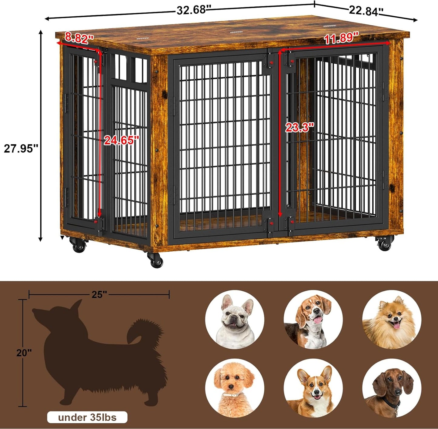 EasyCom 90% Pre-Assembled 33" Small and Meidum Dog Kennel Indoor Furniture, Wooden Dog Crate Furniture with Top-Access Teasing/Feeding Doors, for Medium and Small Breed, with Wheels Moveable