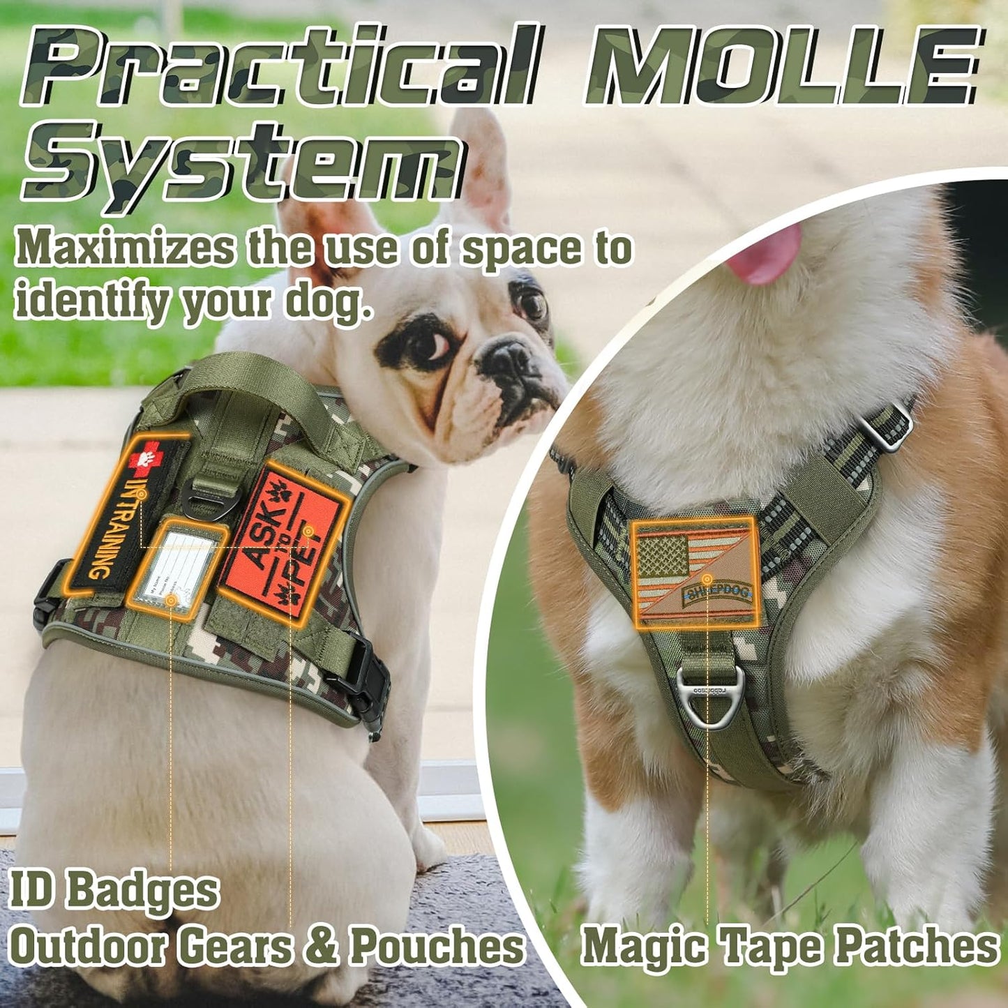 rabbitgoo Tactical Dog Harness for Small Dogs, No Pull Military Service Vest with Handle & Molle, Easy Control for Training Walking, Adjustable Reflective Straps, Green camo, S