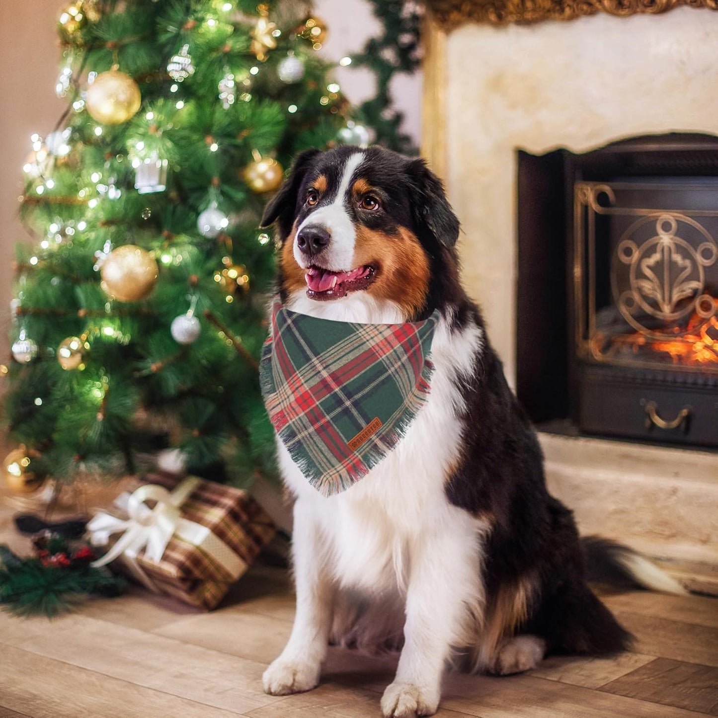 ADOGGYGO Christmas Dog Bandanas with Tassels Edges, Stylish Plaid Dog Christmas Scarf Bib, Multiple Sizes Offered, Plaid Bandanas for Large and Extra Large Dogs (X-Large)